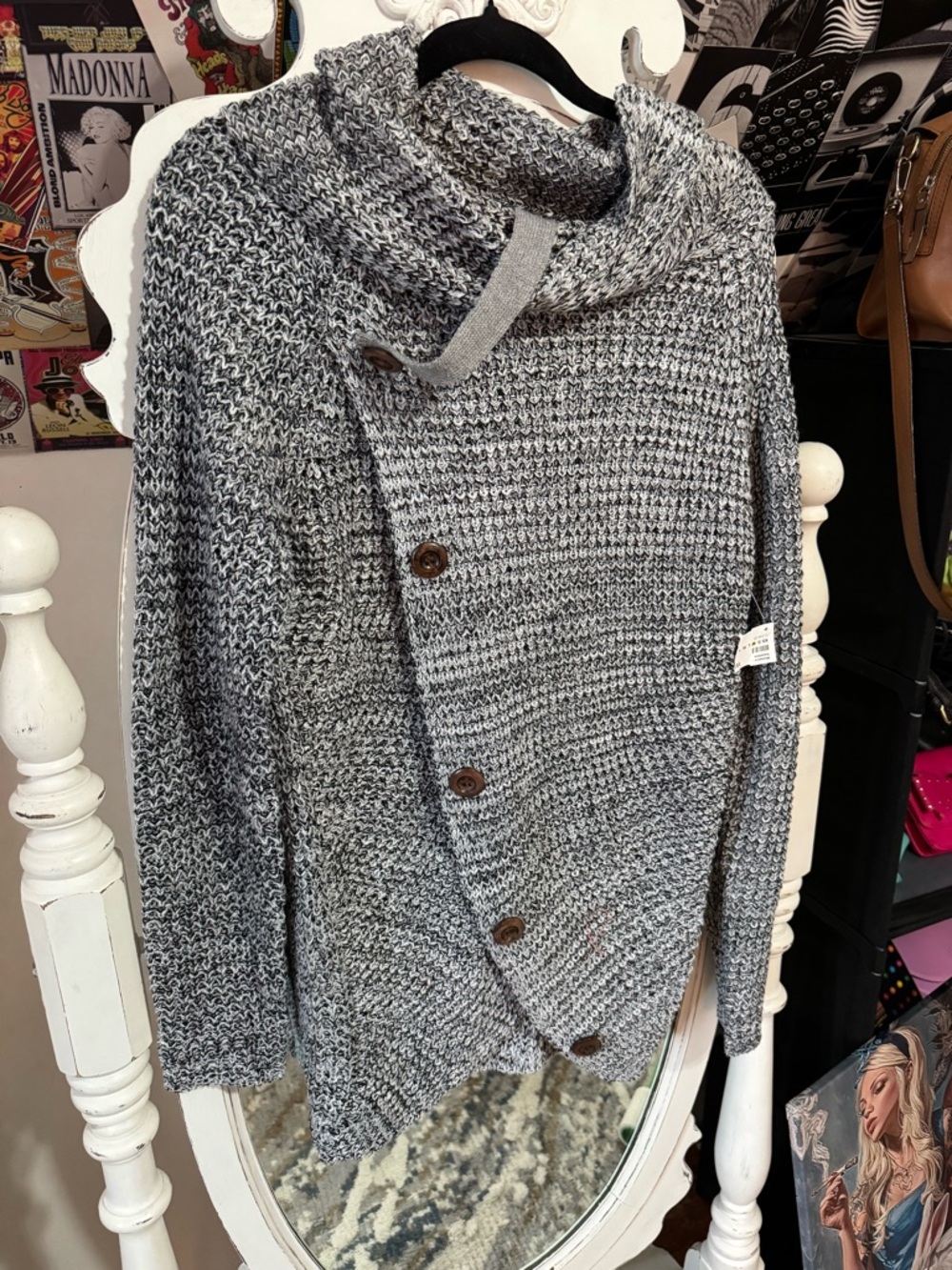 Marled Gray Cowl Neck Button Sweater